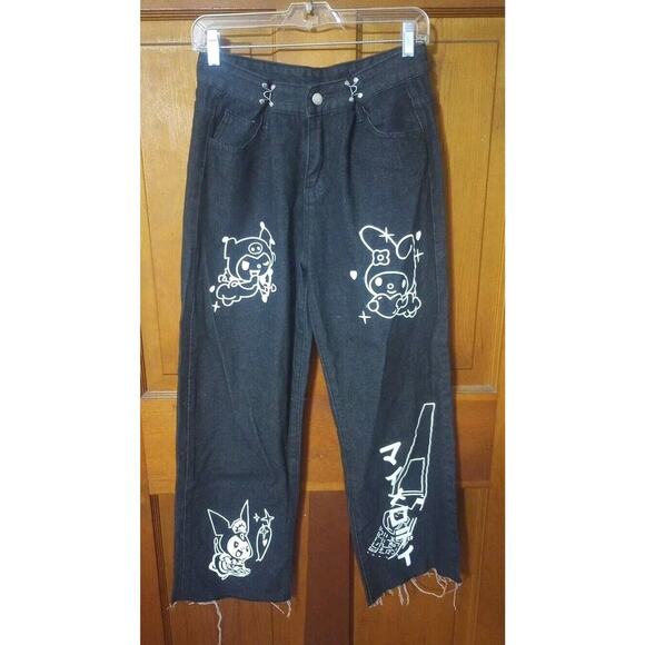 Goth Jeans Everything Skull ? Black Baggy Pants Women Sz 4 Punk Kitty Adjustable - Picture 1 of 15
